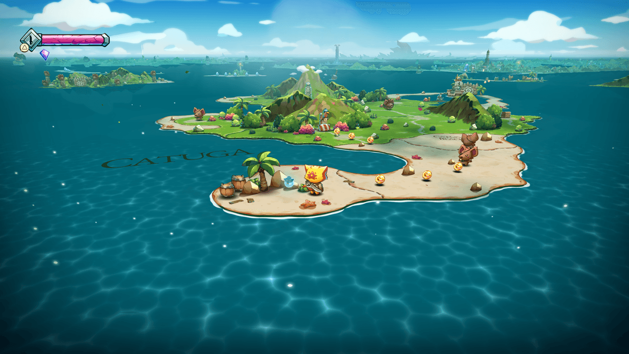 Cat Quest III island gameplay with HUD, mountains and blue sea rendered by PS5PCEM