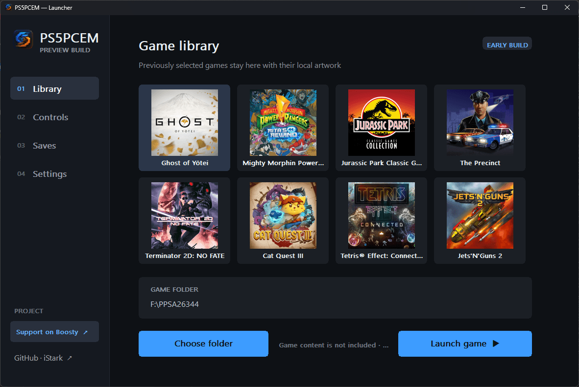 PS5PCEM launcher showing its recent-game library with cover art