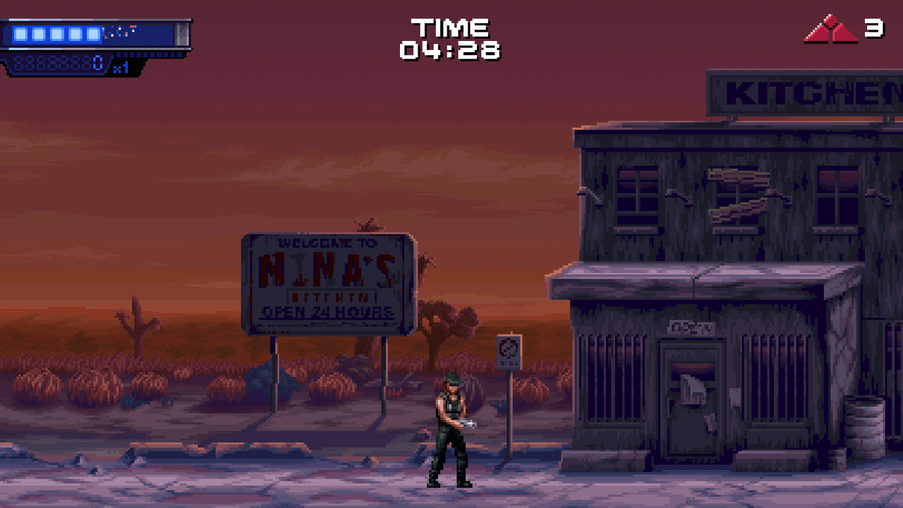 Terminator 2D gameplay with the player character, HUD and a desert scene rendered by PS5PCEM