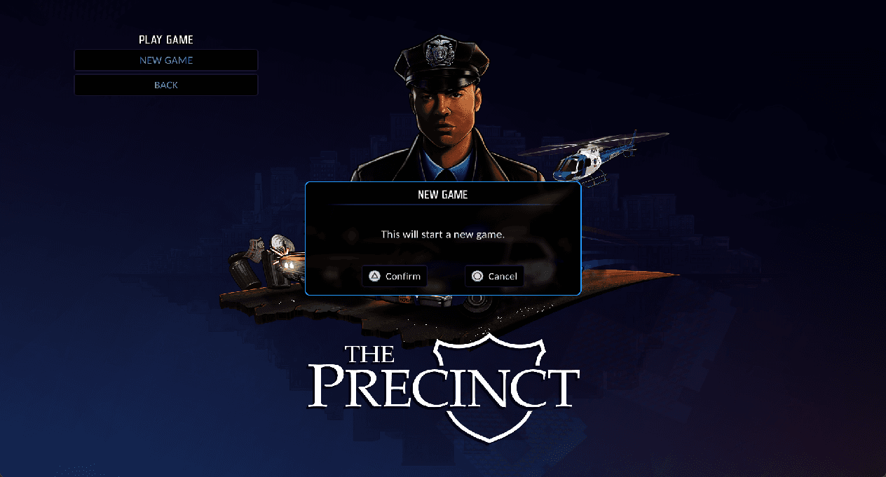 The Precinct title menu and NEW GAME confirmation rendered by PS5PCEM